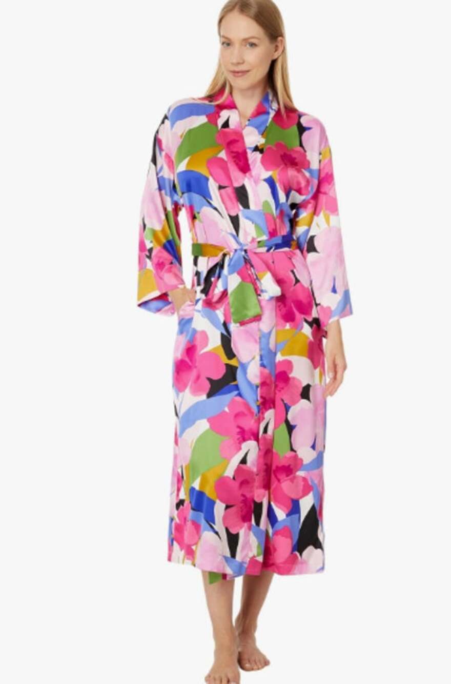 N NATORI Women's Bonita Stretch Silky Satin 49" Robe XL Pink Multi Floral NWT